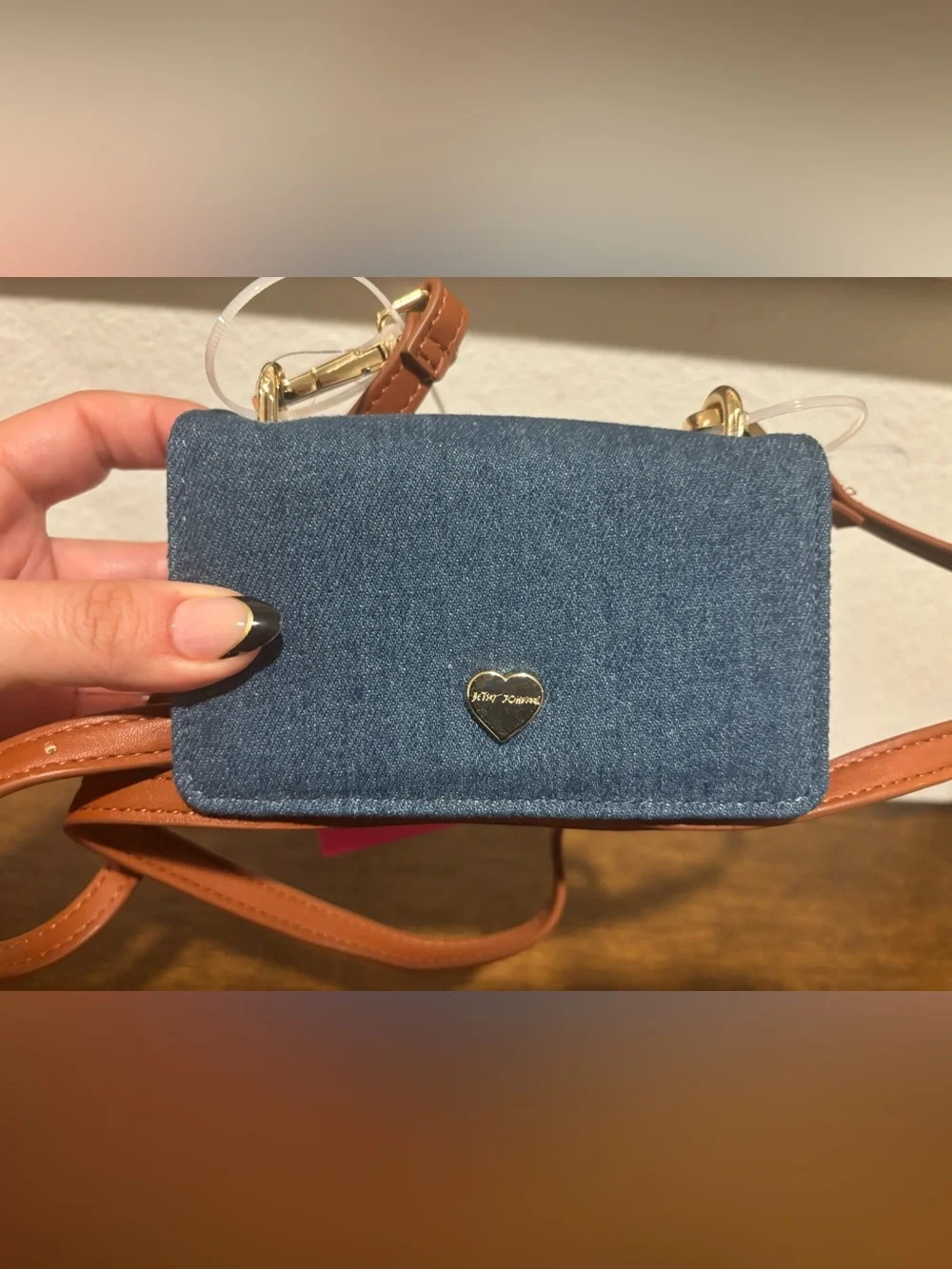 Betsey Johnson Mini Denim Crossbody with Brown Strap and Gold Tone Heart